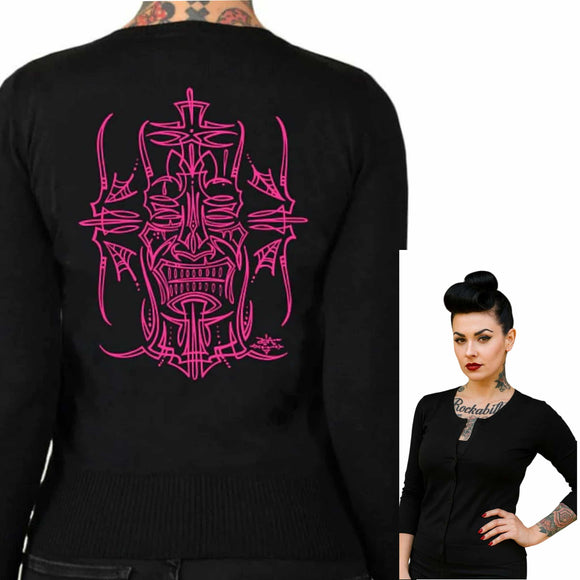 Pinky Star - Tiki Pinstripe Cardigan-Cardigan-Glitz Glam and Rebellion GGR Pinup, Retro, and Rockabilly Fashions