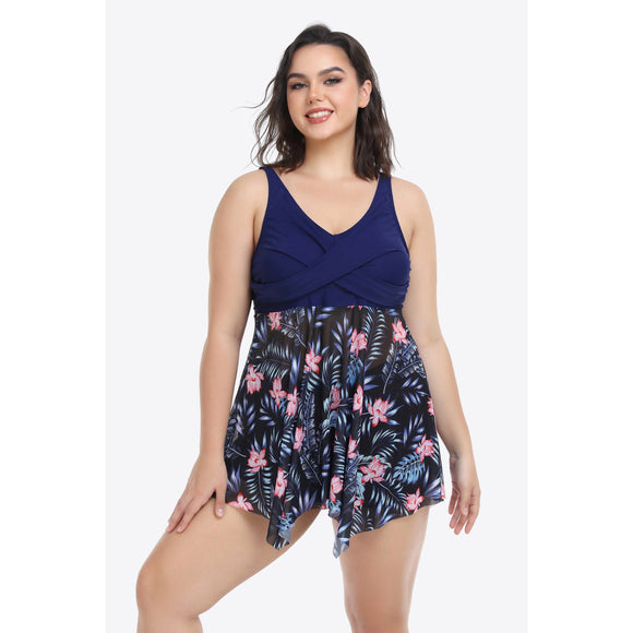 Plus Size Floral Two-Tone Asymmetrical Hem Two-Piece Swimsuit-Swimsuit-Glitz Glam and Rebellion GGR Pinup, Retro, and Rockabilly Fashions