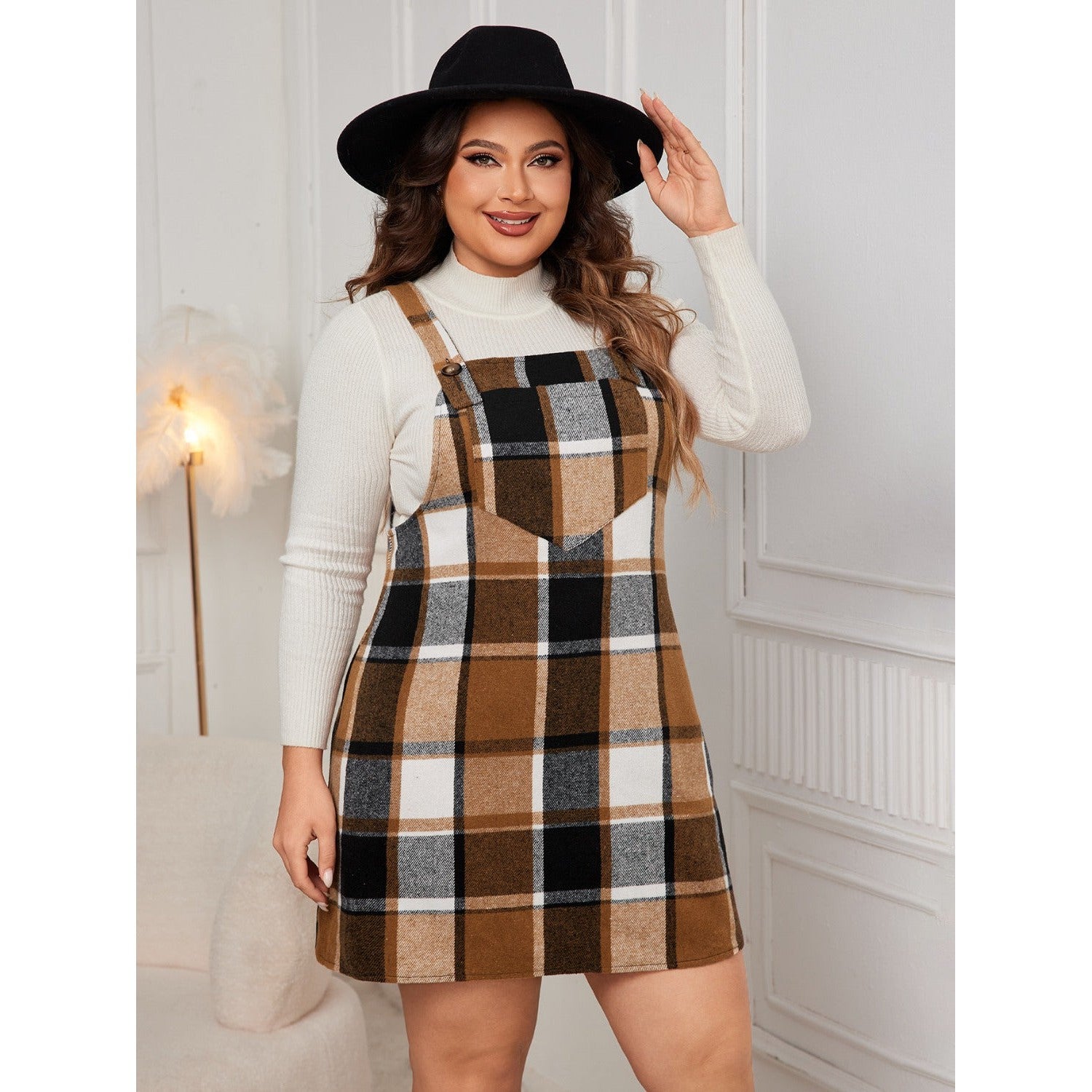 Honey Plus Size Plaid Wide Strap Overall Dress Glitz Glam and Rebellion