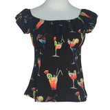 Pinup Peasant Top in Cocktails Print-Blouse-Glitz Glam and Rebellion GGR Pinup, Retro, and Rockabilly Fashions