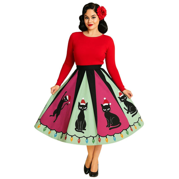 Atomic Kitty Christmas Skirt-Apparel & Accessories-Glitz Glam and Rebellion GGR Pinup, Retro, and Rockabilly Fashions