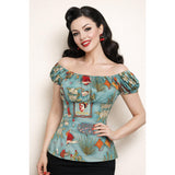Peasant Blouse in Teal Frida Floral-Blouse-Glitz Glam and Rebellion GGR Pinup, Retro, and Rockabilly Fashions