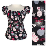 Peasant Blouse - Meow Kitty-blouse-Glitz Glam and Rebellion GGR Pinup, Retro, and Rockabilly Fashions