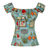 Peasant Blouse in Teal Frida Floral-Blouse-Glitz Glam and Rebellion GGR Pinup, Retro, and Rockabilly Fashions