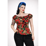 Pinup Peasant Top in Skulls and Roses Print-Blouse-Glitz Glam and Rebellion GGR Pinup, Retro, and Rockabilly Fashions
