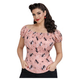 Pinup Peasant Top in Retro Kitty Print-Blouse-Glitz Glam and Rebellion GGR Pinup, Retro, and Rockabilly Fashions
