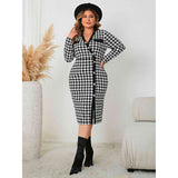 Plus Size Houndstooth Long Sleeve Slit Dress-Dress-Glitz Glam and Rebellion GGR Pinup, Retro, and Rockabilly Fashions
