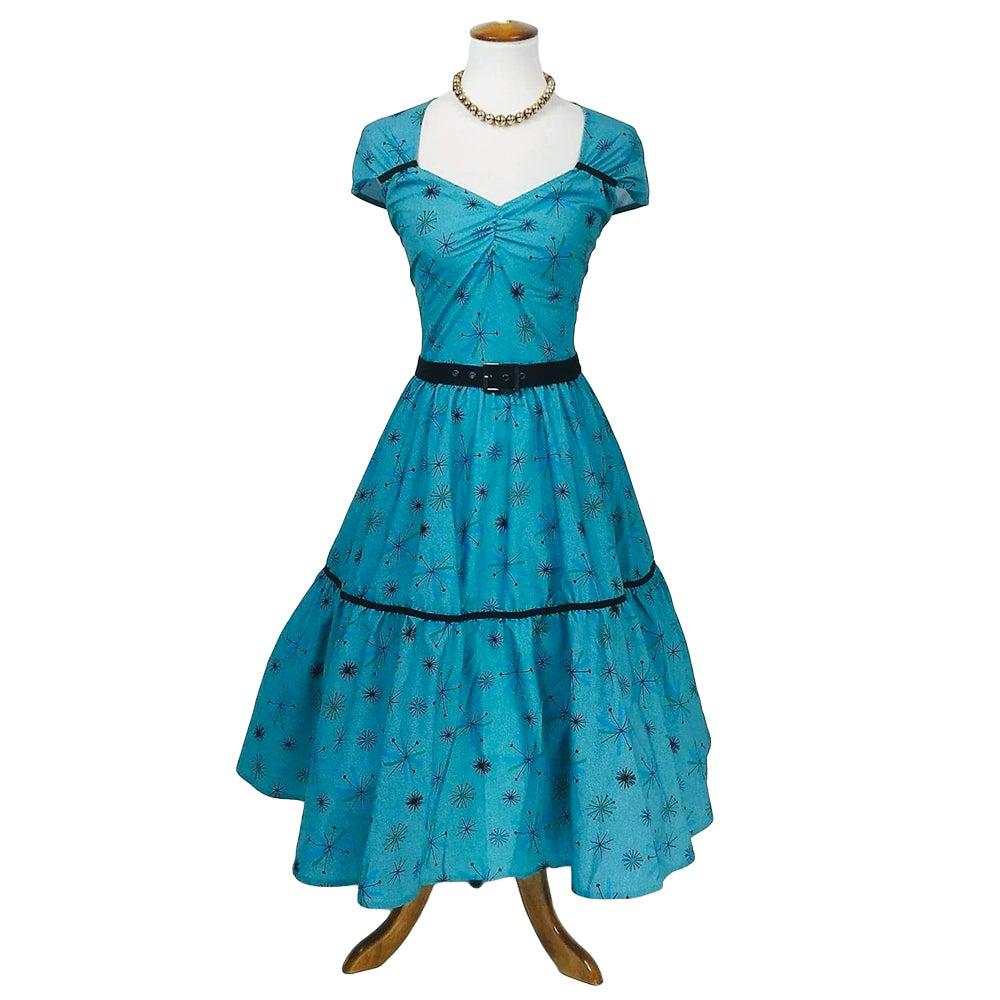 pinup dress Olivia Swing Dress in Turquoise Atomic Print – Glitz Glam and Rebellion