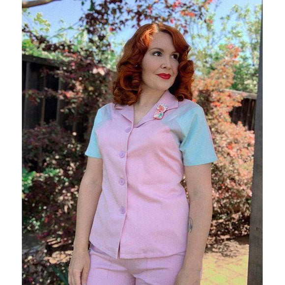 1940s Reproduction Tri-Tone Short Sleeve Work Blouse - Rose-Top-Glitz Glam and Rebellion GGR Pinup, Retro, and Rockabilly Fashions