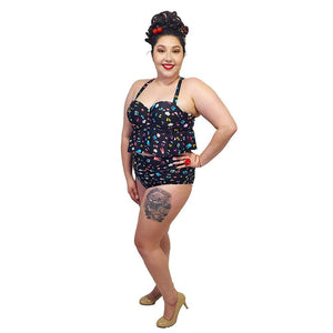Summertime Print Two Piece Swimsuit in Black-Swimsuit-Glitz Glam and Rebellion GGR Pinup, Retro, and Rockabilly Fashions