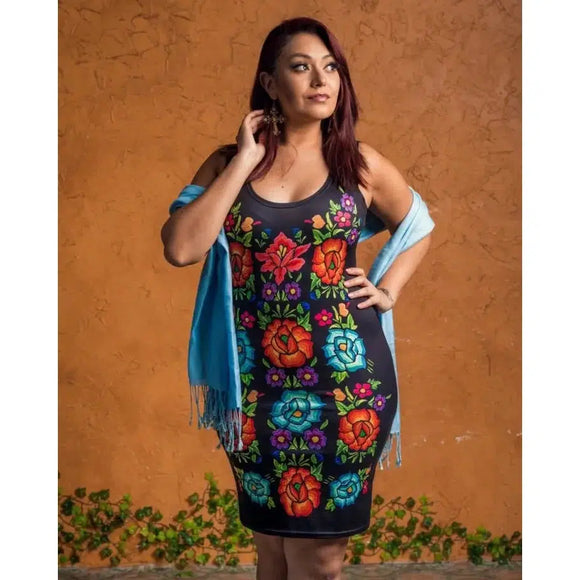 Oaxaca Bodycon Mexican Inspired Embroidery Print Dress By Paulina-Dresses-Glitz Glam and Rebellion GGR Pinup, Retro, and Rockabilly Fashions
