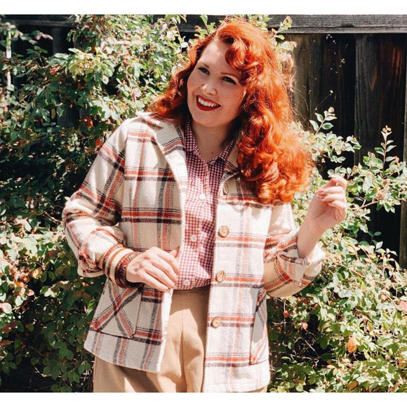 Star Struck 40s Button Down Jacket in Tan, Black and Red Plaid-Jacket-Glitz Glam and Rebellion GGR Pinup, Retro, and Rockabilly Fashions