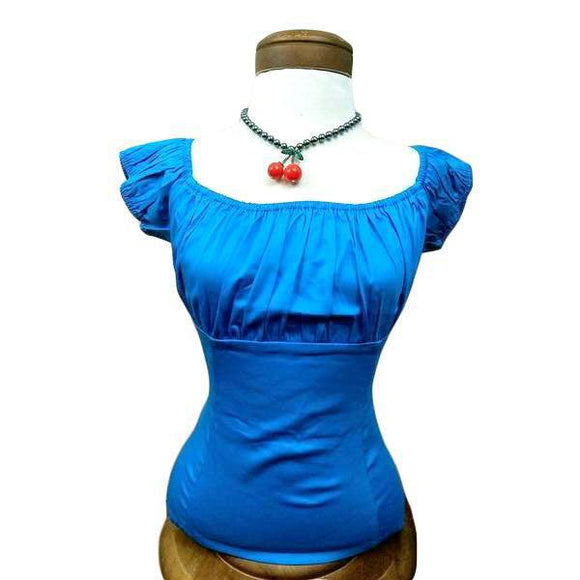 GGR Pinup Peasant Top in Solid Turquoise Blue-Blouse-Glitz Glam and Rebellion GGR Pinup, Retro, and Rockabilly Fashions