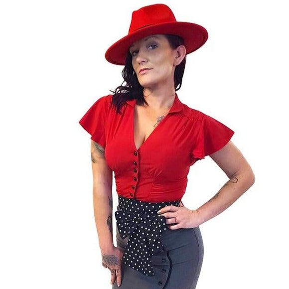 Flutter Sleeve Forties Blouse in Red-Blouse-Glitz Glam and Rebellion GGR Pinup, Retro, and Rockabilly Fashions