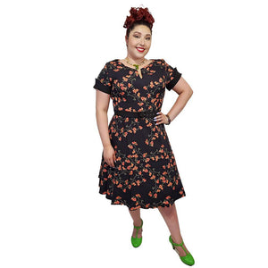 40's Split Neck Floral Swing Dress in Black-Dress-Glitz Glam and Rebellion GGR Pinup, Retro, and Rockabilly Fashions