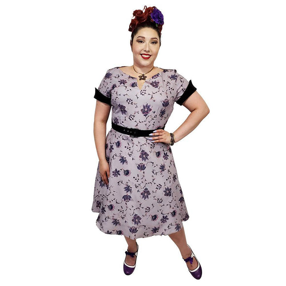40's Split Neck Floral Swing Dress in Lavender-Dress-Glitz Glam and Rebellion GGR Pinup, Retro, and Rockabilly Fashions