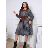 Plus Size Plaid V-Neck Long Sleeve Dress-Dress-Glitz Glam and Rebellion GGR Pinup, Retro, and Rockabilly Fashions