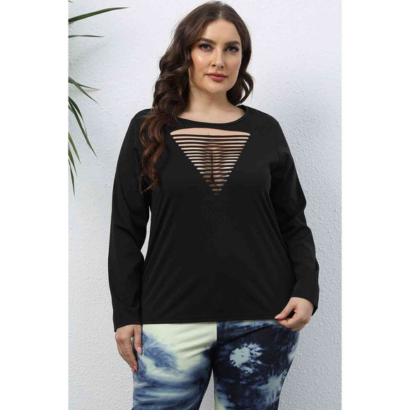 Plus Size Cutout Front Long Sleeve T-Shirt-Top-Glitz Glam and Rebellion GGR Pinup, Retro, and Rockabilly Fashions