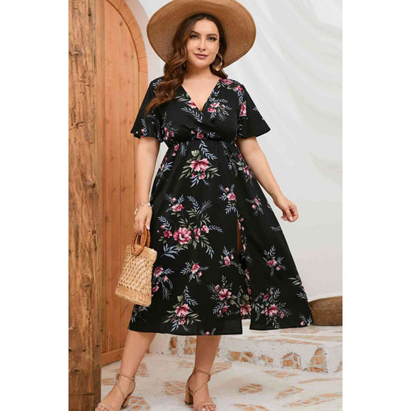 Plus Size Floral Short Sleeve Split Dress-Dress-Glitz Glam and Rebellion GGR Pinup, Retro, and Rockabilly Fashions