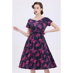 Miss Lulo Bella Swing Dress in Purple and Gray Cat Print-Dress-Glitz Glam and Rebellion GGR Pinup, Retro, and Rockabilly Fashions