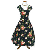GGR Cap Sleeve Swing Dress in Floral Print on Black-Dress-Glitz Glam and Rebellion GGR Pinup, Retro, and Rockabilly Fashions
