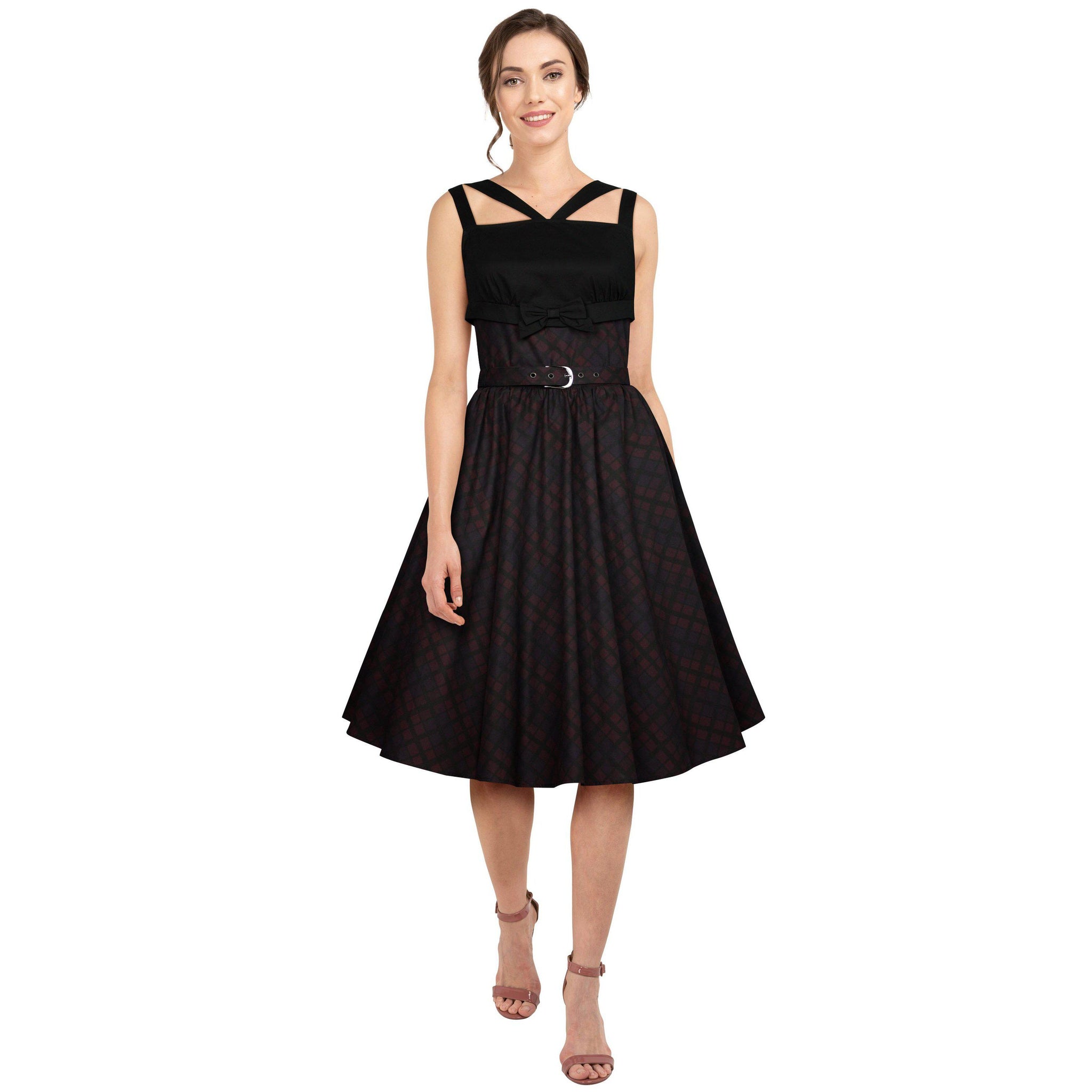 Strappy Swing Dress in Black & Purple Plaid Glitz Glam and Rebellion Strappy Swing Dress in Black & Purple Plaid Glitz Glam and Rebellion