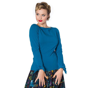 Banned Long Sleeved Bow Top in Turquoise-Top-Glitz Glam and Rebellion GGR Pinup, Retro, and Rockabilly Fashions