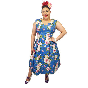 Cap Sleeve Swing Dress in Floral Print on Blue-Dress-Glitz Glam and Rebellion GGR Pinup, Retro, and Rockabilly Fashions