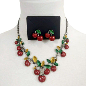 GGR Jewelry Necklace and Earring Set of Cherries with Leaves-Jewelry-Glitz Glam and Rebellion GGR Pinup, Retro, and Rockabilly Fashions
