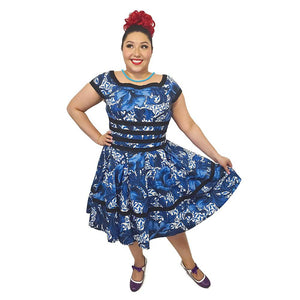 Floral Swing Dress in Blue-Dress-Glitz Glam and Rebellion GGR Pinup, Retro, and Rockabilly Fashions