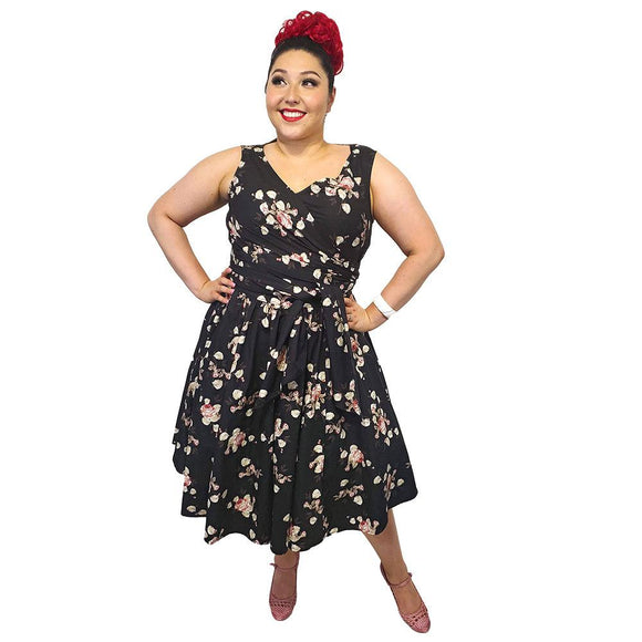 Wrap-Front Sleeveless Swing Dress in Roses on Black-Dress-Glitz Glam and Rebellion GGR Pinup, Retro, and Rockabilly Fashions