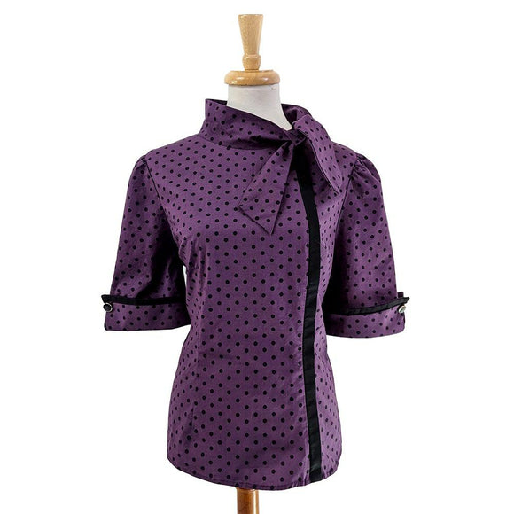 Tie-Neck Thoughtful Top in Purple Polka Dot-Shirts-Glitz Glam and Rebellion GGR Pinup, Retro, and Rockabilly Fashions