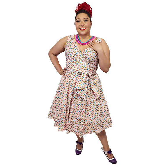 Wrap-Front Sleeveless Swing Dress in Candy Polka Dots-Dress-Glitz Glam and Rebellion GGR Pinup, Retro, and Rockabilly Fashions