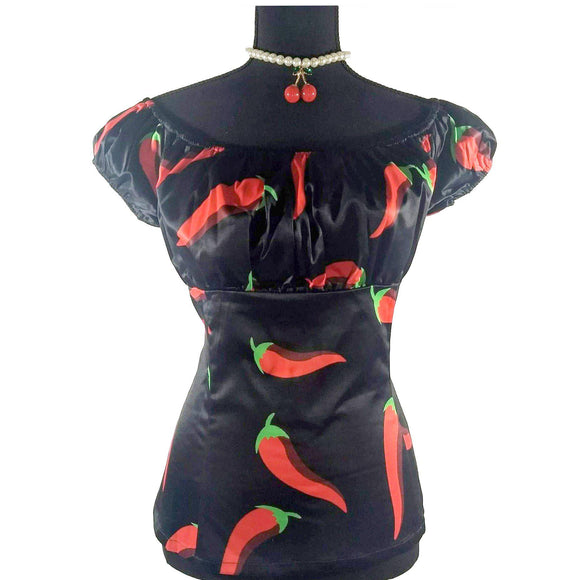 GGR Pinup Peasant Top in Chile Pepper Print-Top-Glitz Glam and Rebellion GGR Pinup, Retro, and Rockabilly Fashions