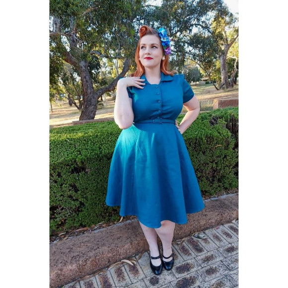 Dolly & Dotty Penelope Shirt Dress in Peacock Blue-Dress-Glitz Glam and Rebellion GGR Pinup, Retro, and Rockabilly Fashions