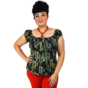 GGR Pinup Peasant Top in Cactus Print-Blouse-Glitz Glam and Rebellion GGR Pinup, Retro, and Rockabilly Fashions