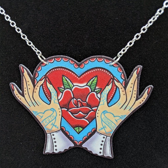 DollyCool Tattoo Hands Rose Heart Necklace-Jewelry-Glitz Glam and Rebellion GGR Pinup, Retro, and Rockabilly Fashions