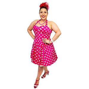 Eva Rose Hot Pink Polka Dot Halter Dress-Dress-Glitz Glam and Rebellion GGR Pinup, Retro, and Rockabilly Fashions