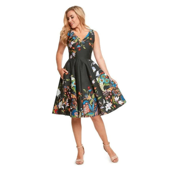 Eva Rose V-Neck Swing Dress in Exotic Florals Print-Dress-Glitz Glam and Rebellion GGR Pinup, Retro, and Rockabilly Fashions