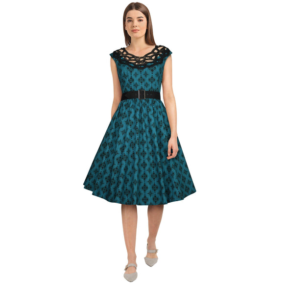 Labyrinth Lace Dress in Turquoise and Black-Dress-Glitz Glam and Rebellion GGR Pinup, Retro, and Rockabilly Fashions