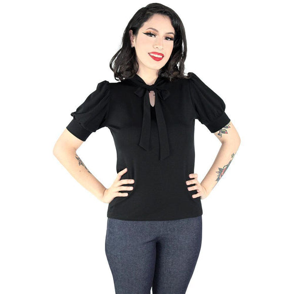 Hemet Tie-Neck Blouse in Black-Top-Glitz Glam and Rebellion GGR Pinup, Retro, and Rockabilly Fashions