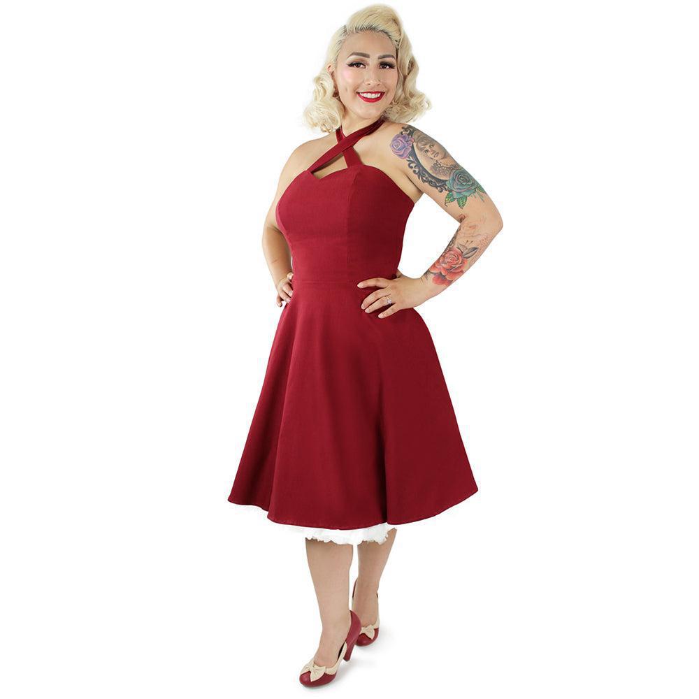 red vintage halter dress Criss-Cross in Burgundy by Hemet – Glitz Glam and Rebellion Color:Vintage Lilac neck design for retro Side Ruched Burgundy Velvet evening event