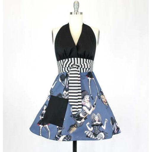 Hemet Gothic Pinup Apron in Blue-Pinup Aprons-Glitz Glam and Rebellion GGR Pinup, Retro, and Rockabilly Fashions