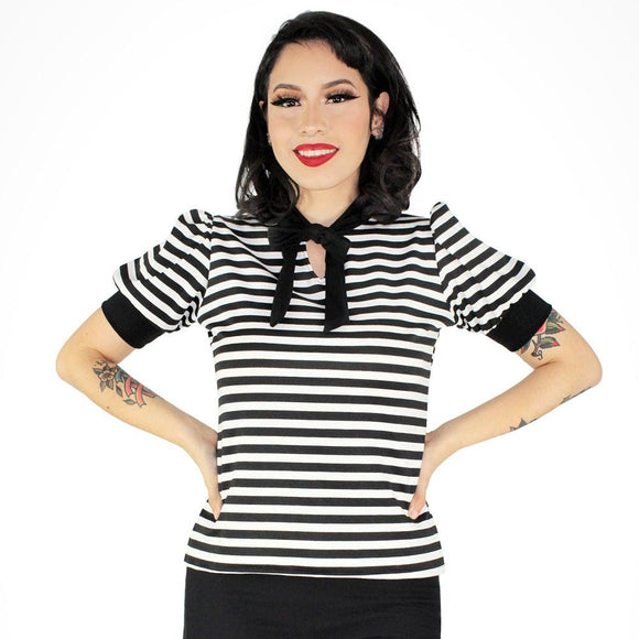 Hemet Tie-Neck Blouse in Black & White Stripe-Top-Glitz Glam and Rebellion GGR Pinup, Retro, and Rockabilly Fashions