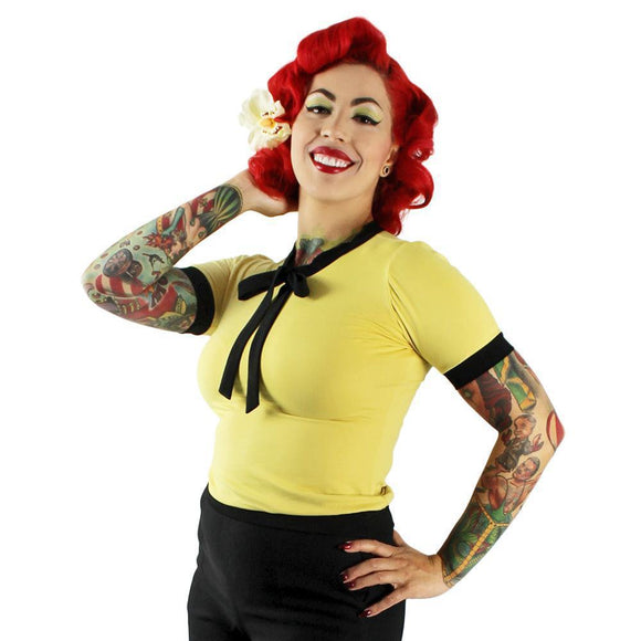 Hemet Tie-Neck Blouse in Yellow & Black-Top-Glitz Glam and Rebellion GGR Pinup, Retro, and Rockabilly Fashions