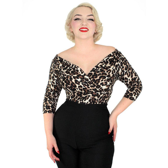 Hemet Three Quarter Sleeve Overlap Top in Leopard-Top-Glitz Glam and Rebellion GGR Pinup, Retro, and Rockabilly Fashions