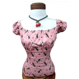 GGR Pinup Peasant Top in Retro Kitty Print-Blouse-Glitz Glam and Rebellion GGR Pinup, Retro, and Rockabilly Fashions