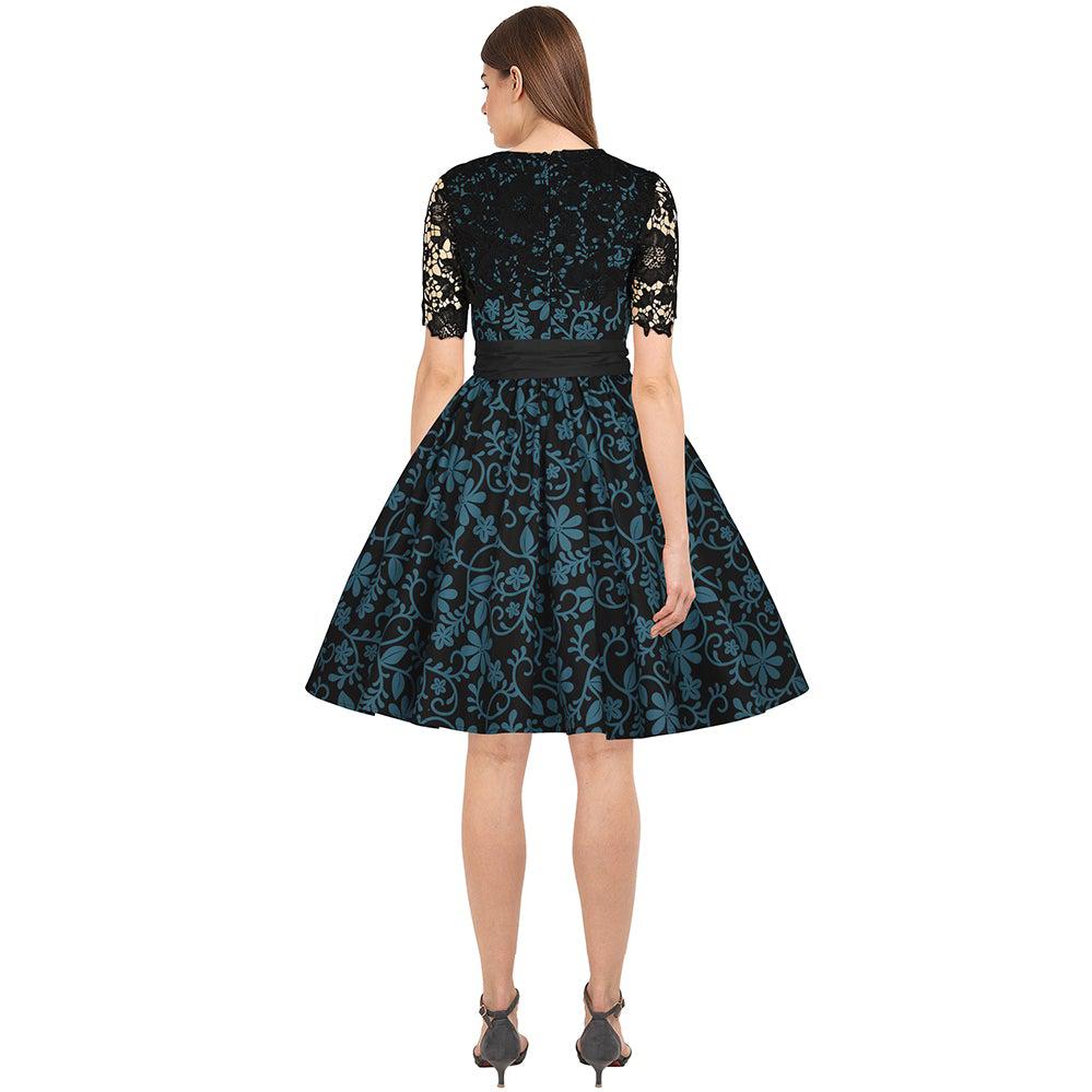 Lace Overlay Swing Dress in Blue Floral