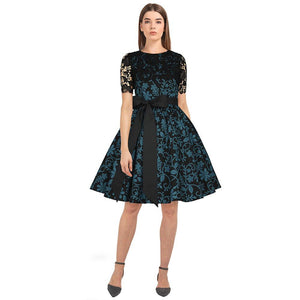 Lace Overlay Swing Dress in Blue Floral-Dress-Glitz Glam and Rebellion GGR Pinup, Retro, and Rockabilly Fashions