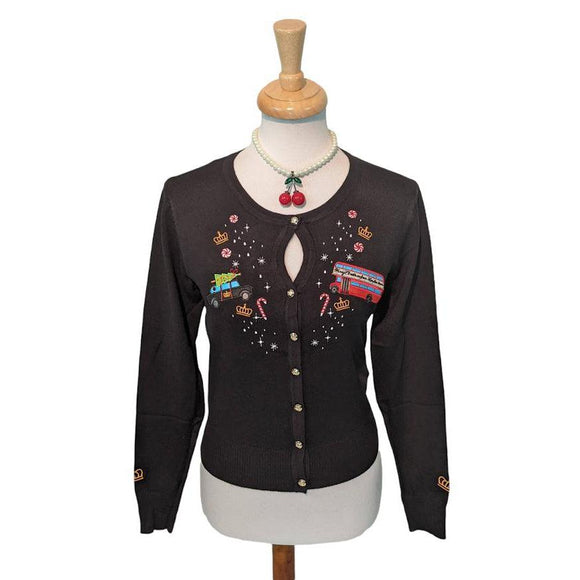 Banned London Christmas Cardigan in Black-Cardigan-Glitz Glam and Rebellion GGR Pinup, Retro, and Rockabilly Fashions